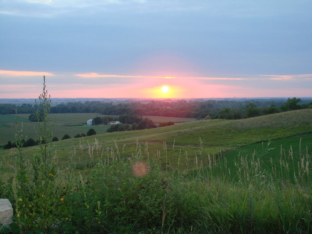 The sun just over the horizon beyond gentle hills on a farm